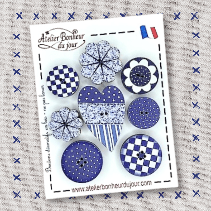 Mini pochette "Fleurs et coeurs en bleu" Atelier Bonheur du jour