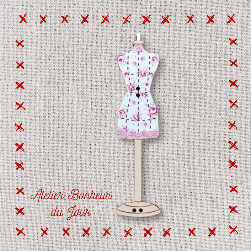 Bouton décoratif en bois "Mannequin fleurs roses" Atelier bonheur du jour