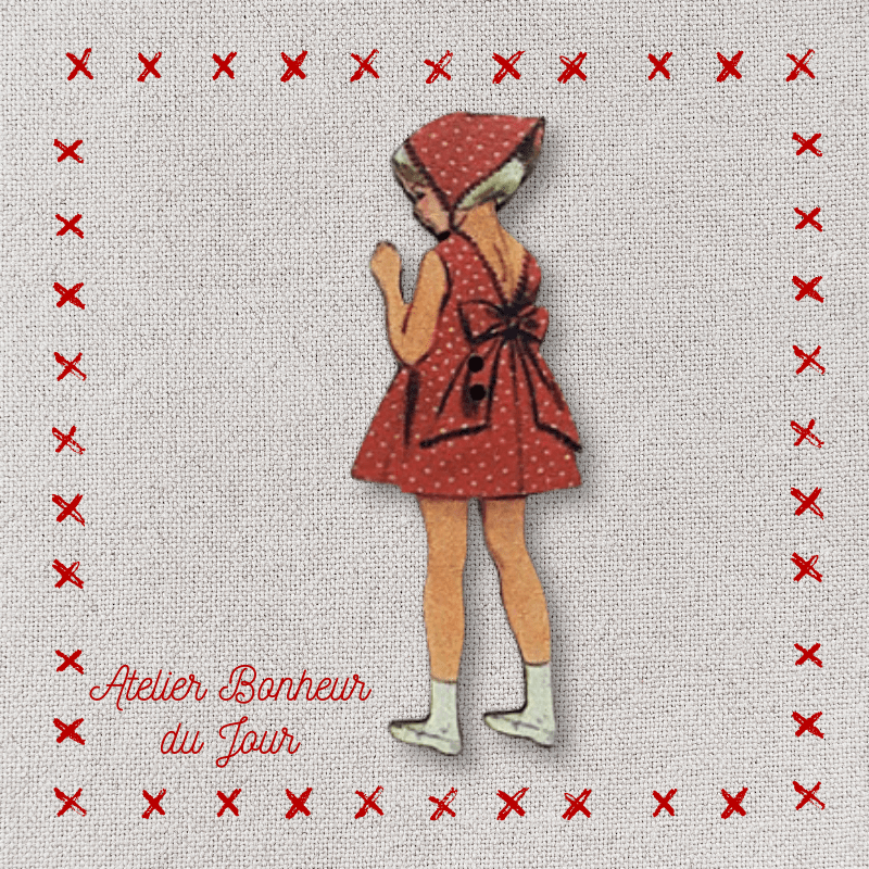 Bouton décoratif en bois “Fillette robe rouge à pois” Atelier bonheur du jour