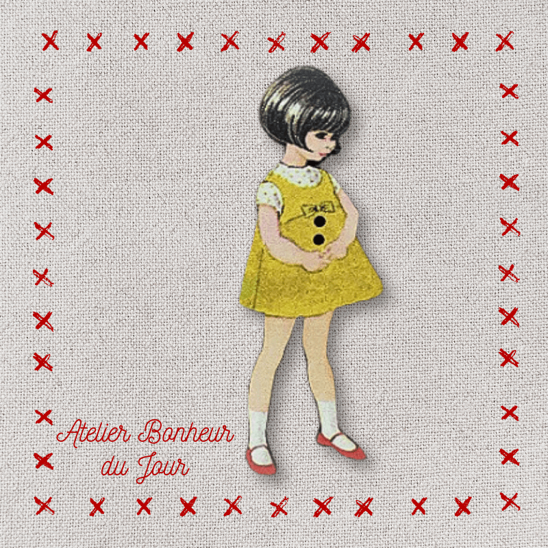 Bouton décoratif en bois "Fillette robe jaune" Atelier bonheur du jour