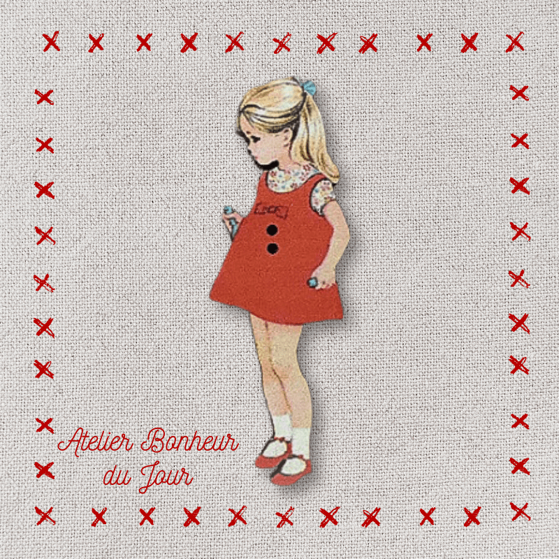 Bouton décoratif en bois "Fillette blonde robe rouge" Atelier bonheur du jour