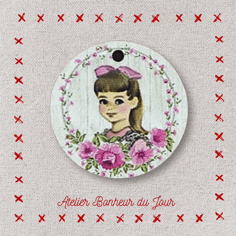 Bouton décoratif en bois Médaille bois "fillette - roses" Atelier bonheur du jour