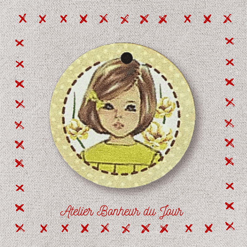 Bouton décoratif en bois Médaille bois "Fillette" Jaune Atelier bonheur du jour