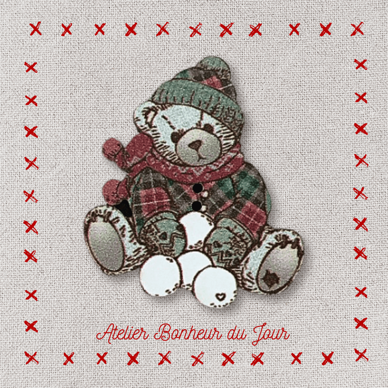 Bouton décoratif en bois "Teddy boule de neige" Atelier bonheur du jour