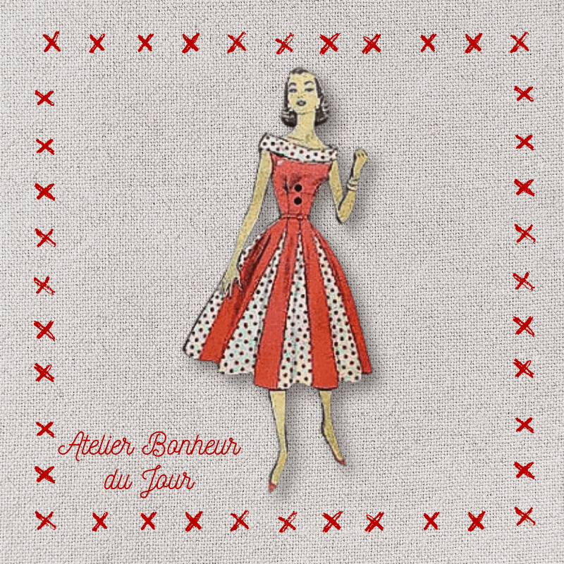Bouton décoratif en bois "dame robe à pois rouge" Atelier bonheur du jour