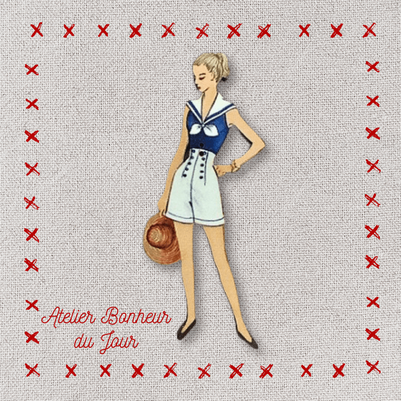 Bouton décoratif en bois "Femme - tenue short Marin" Atelier bonheur du jour
