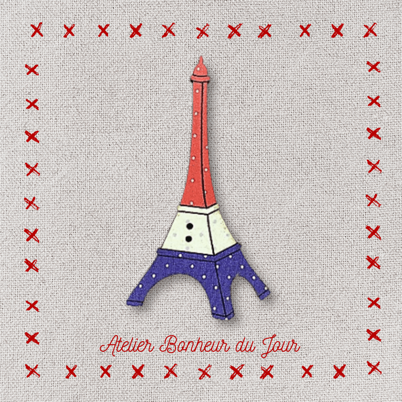 Bouton décoratif en bois "tour Eiffel" Bleu blanc rouge