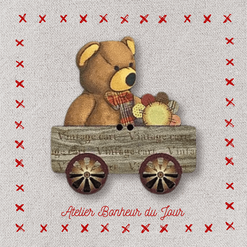 bouton décoratif en bois "Teddy en petite charrette" Atelier bonheur du jour