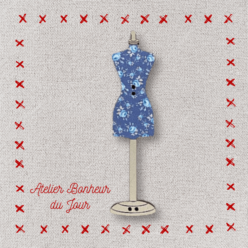 Bouton décoratif en bois "Mannequin fleurs bleues" Atelier bonheur du jour
