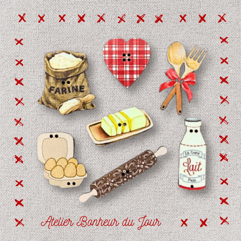 Decorative wooden button in pouch "Cooking workshop" Atelier Bonheur du jour