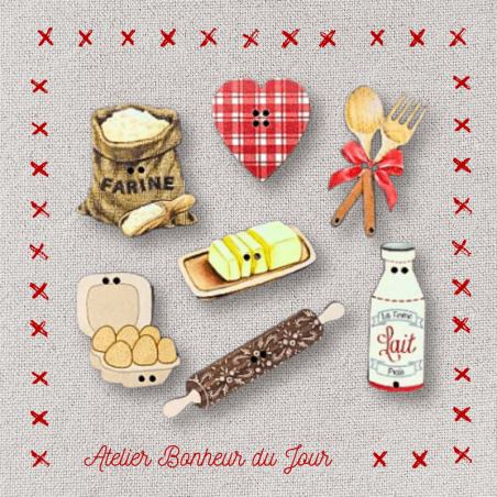 Decorative wooden button in pouch "Cooking workshop" Atelier Bonheur du jour