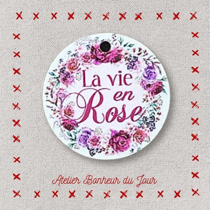 Decorative button - wooden medal "Life in pink" Atelier bonheur du jour
