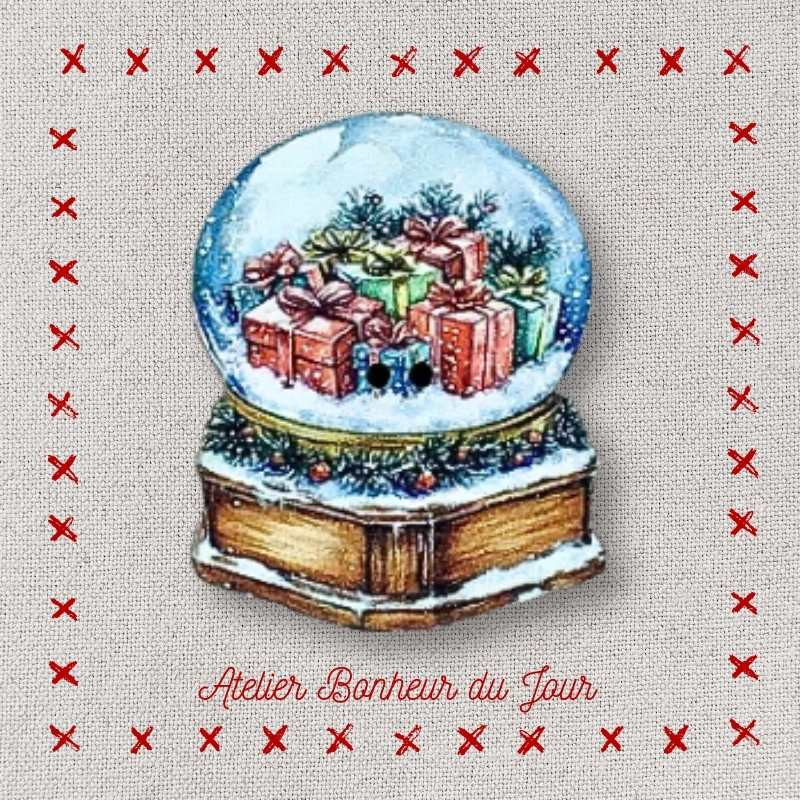 bouton décoratif en bois "Boule à neige cadeaux de Noël" Atelier Bonheur du jour