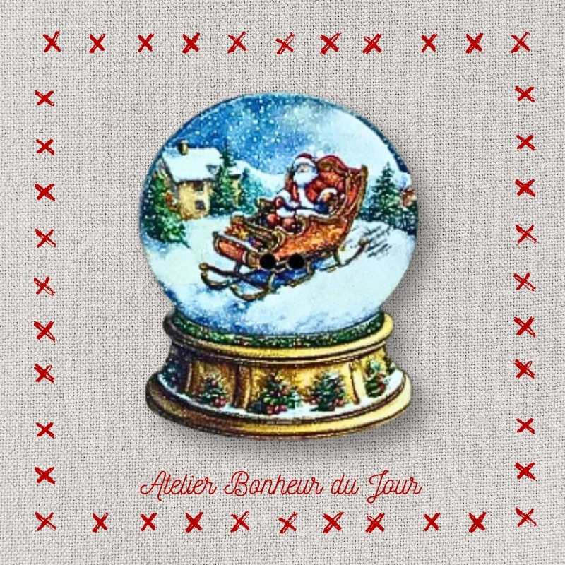 bouton décoratif en bois "Boule à neige traineau du Père Noël" Atelier Bonheur du jour