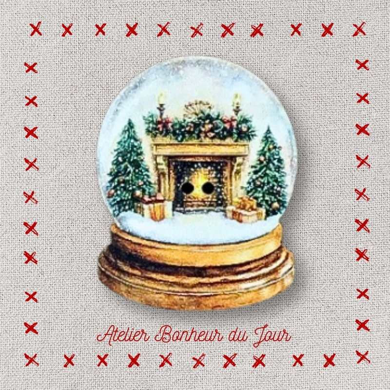 bouton décoratif en bois "Boule à neige cheminée à Noël" Atelier Bonheur du jour