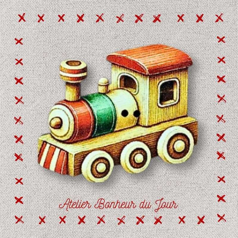 decorative wooden button "Wooden locomotive with white wheels" Atelier Bonheur du jour