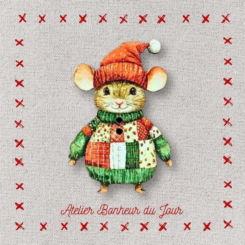 decorative wooden button "Greedy little mouse" Atelier Bonheur du jour