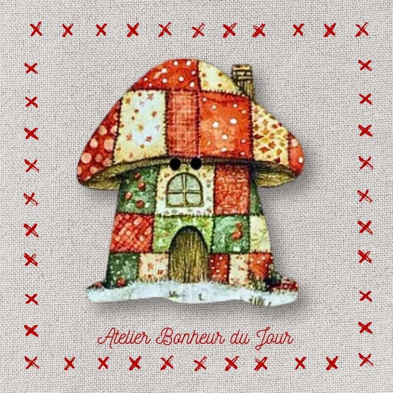 decorative wooden button "Mushroom house - snow" Atelier Bonheur du jour