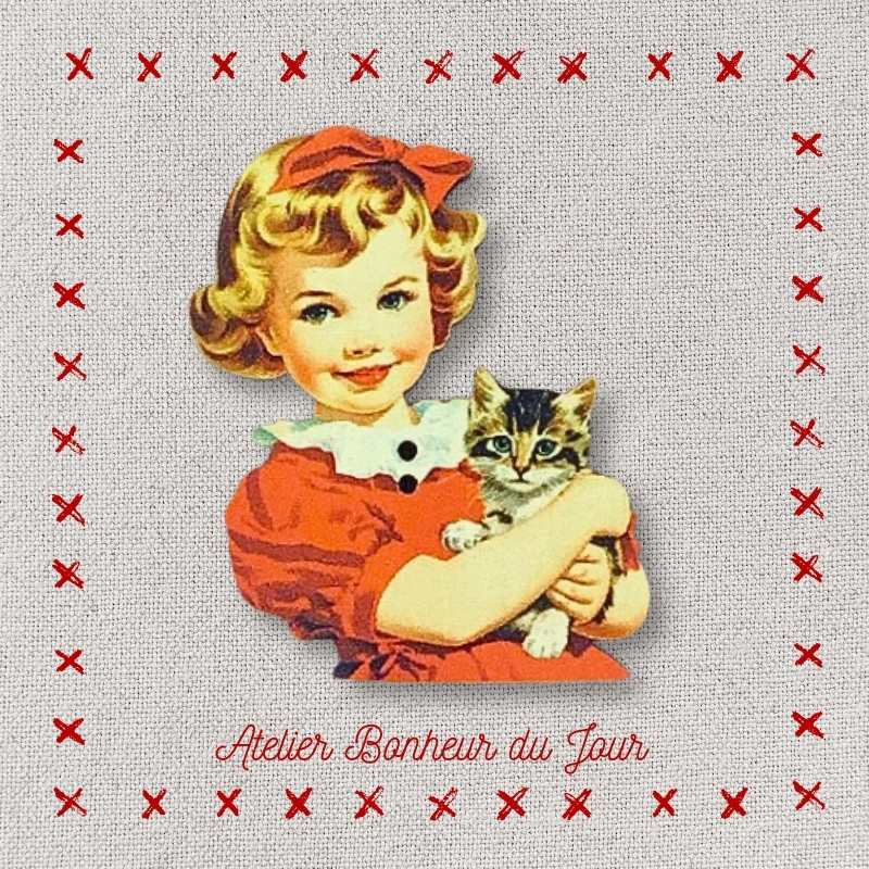 Decorative wooden button "little girl and her kitten" Atelier bonheur du jour
