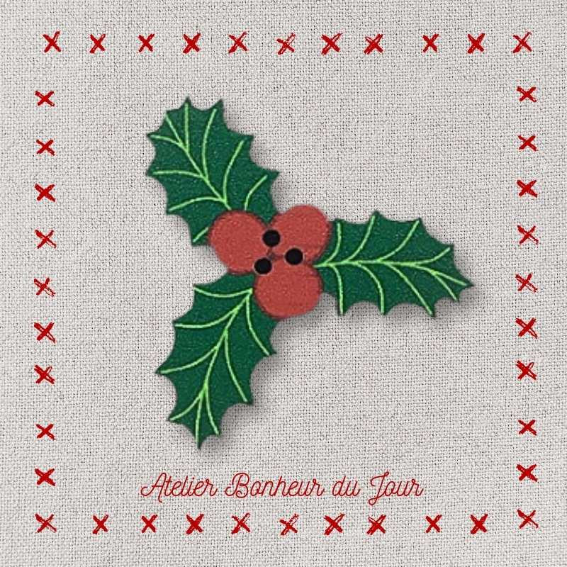 Decorative wooden button "Holly leaf 3 branches" Atelier bonheur du jour