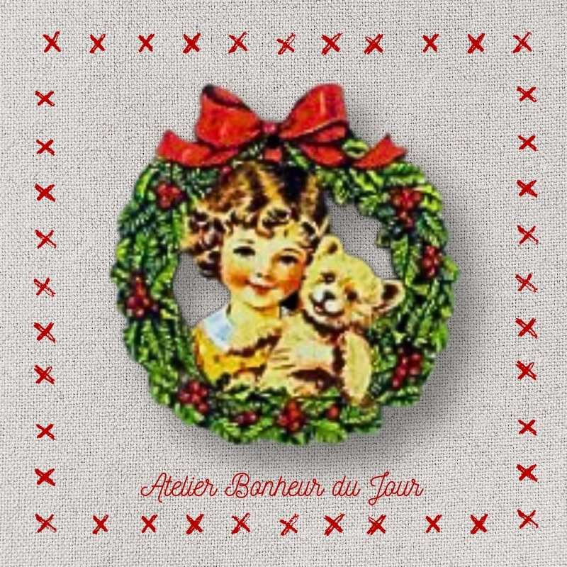 Decorative wooden button "Crown little girl and her bear" Atelier Bonheur du jour