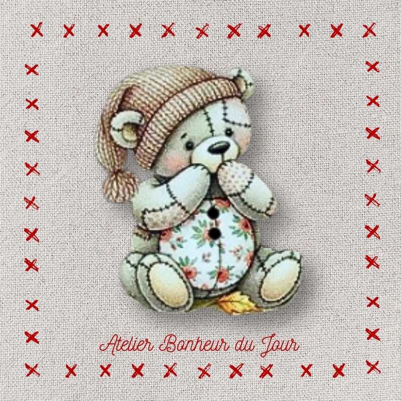 Decorative wooden button "Autumn Bear" Atelier bonheur du jour