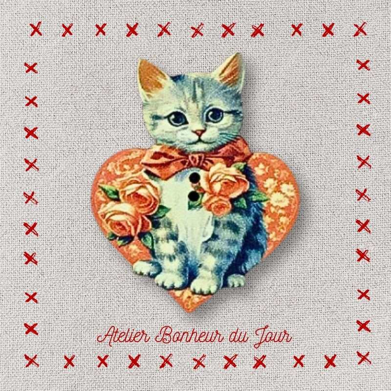 Bouton décoratif en bois "Chaton gris Rétro" Atelier Bonheur du jour