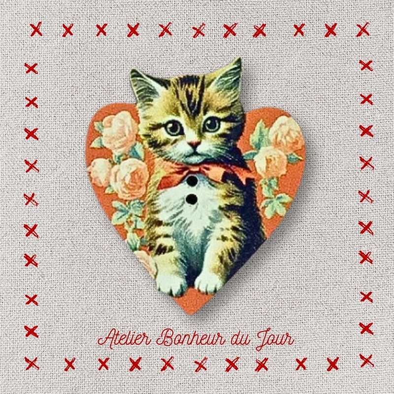 Decorative wooden button "Retro Tabby Kitten" Atelier Bonheur du jour