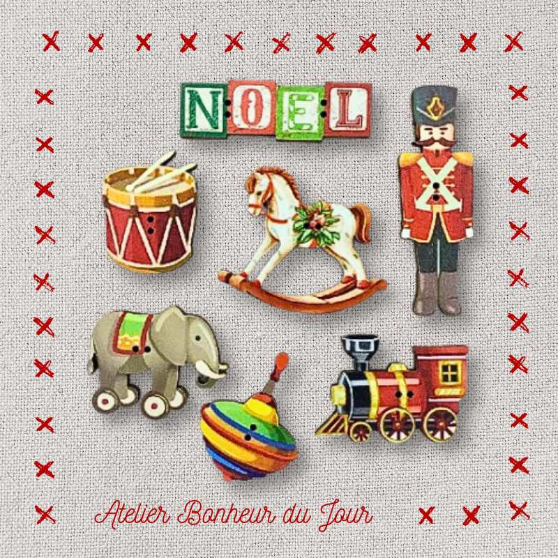 Pochette boutons décoratifs en bois "Jouets de Noël" Atelier Bonheur du jour