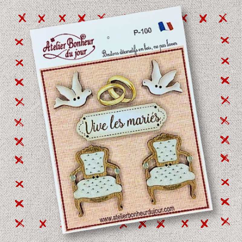 Pochette boutons décoratifs en bois "Vive les mariés" Atelier Bonheur du jour