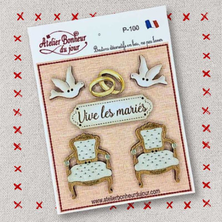 Decorative wooden button in pouch "Long live the bride and groom" Atelier Bonheur du jour