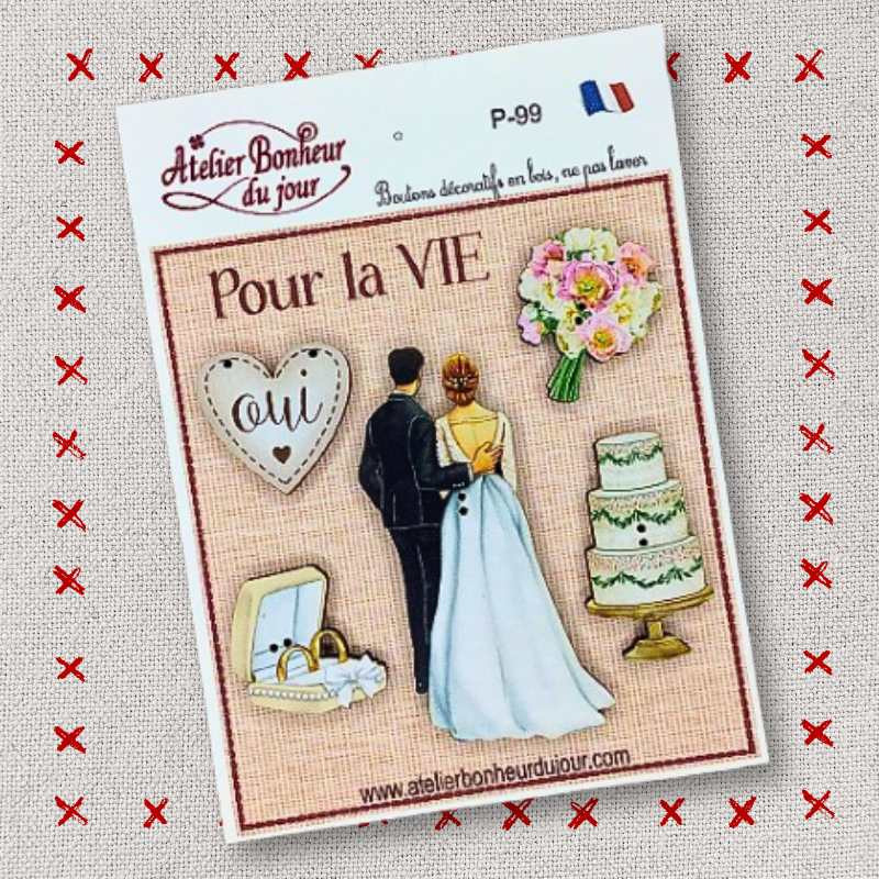 Pochette boutons décoratifs en bois "Pour la vie OUI" Atelier Bonheur du jour