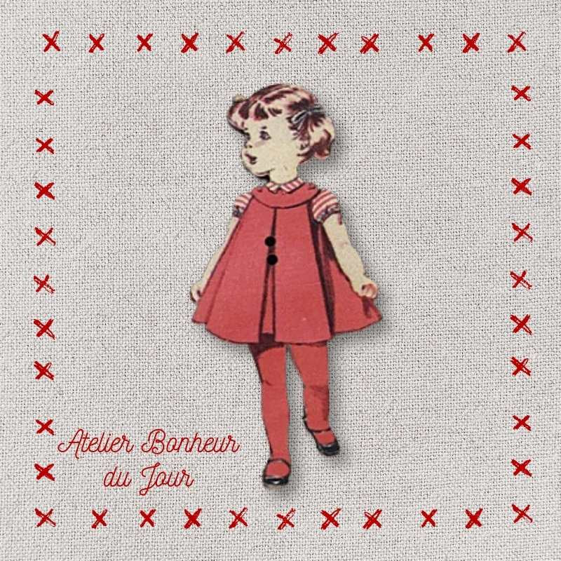 Decorative wooden button "Little girl in red dress" Atelier bonheur du jour