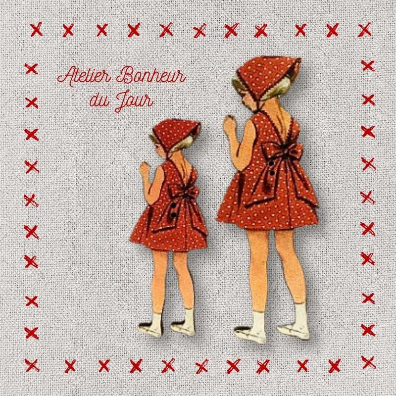 Decorative wooden button "Little girl red polka dot dress" Atelier bonheur du jour