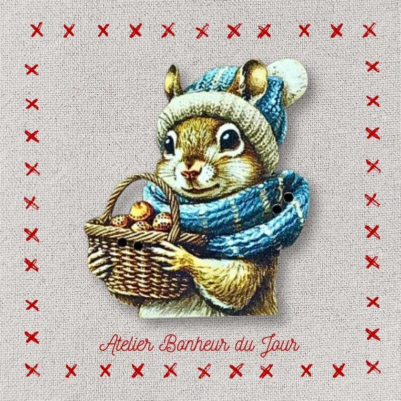Decorative wooden button "Squirrel with a basket of hazelnuts" Atelier bonheur du jour
