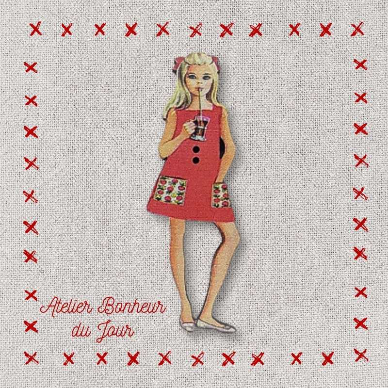 Decorative wooden button "Teenage girl red dress" Atelier bonheur du jour