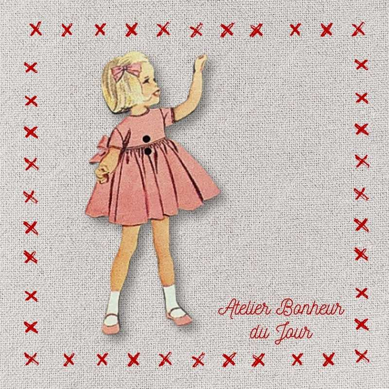 Decorative wooden button "Little girl pink dress" Atelier bonheur du jour