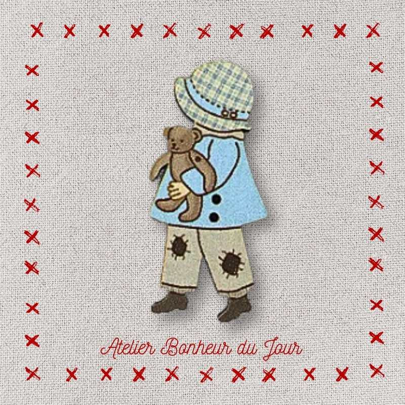 Decorative wooden button "Sunbonnet boy bear" Atelier bonheur du jour