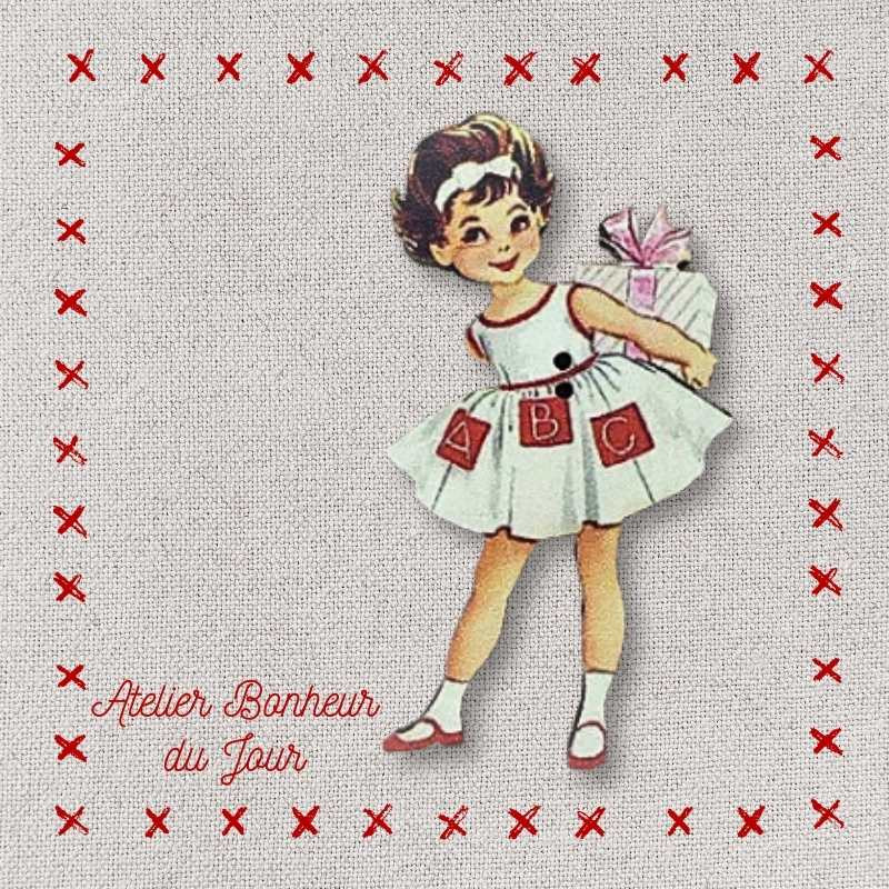 Decorative wooden button "Vintage little girl gift" Atelier bonheur du jour
