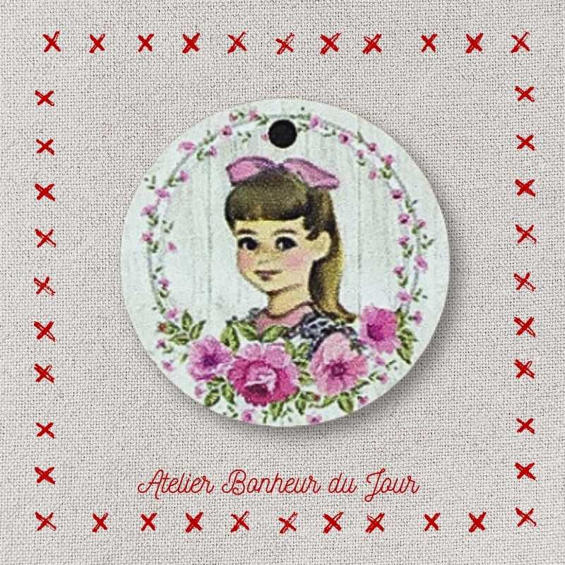 Bouton décoratif en bois Médaille bois "fillette - roses" Atelier bonheur du jour