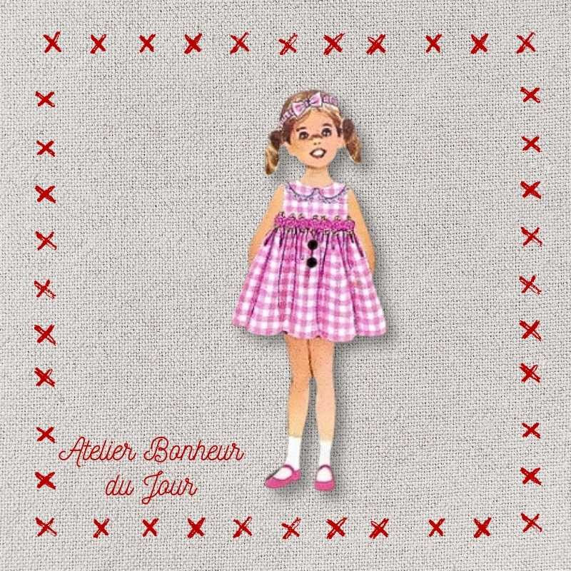 Bouton décoratif en bois "Fillette robe vichy rose" Atelier bonheur du jour
