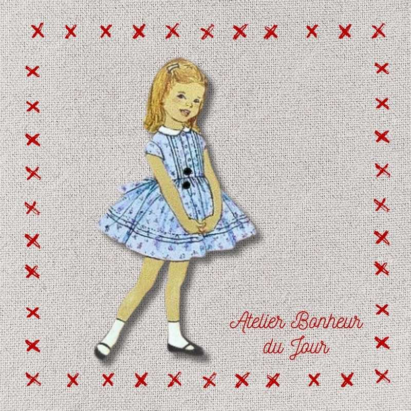 Bouton décoratif en bois "Fillette robe bleue fleurs" Atelier bonheur du jour