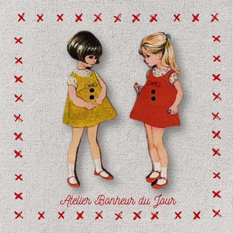 boutons décoratifs en bois "Duo de fillettes Vintage" Atelier bonheur du jour