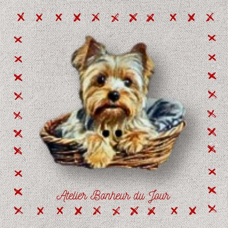Decorative wooden button "Yorkshire in his basket" Atelier Bonheur du jour