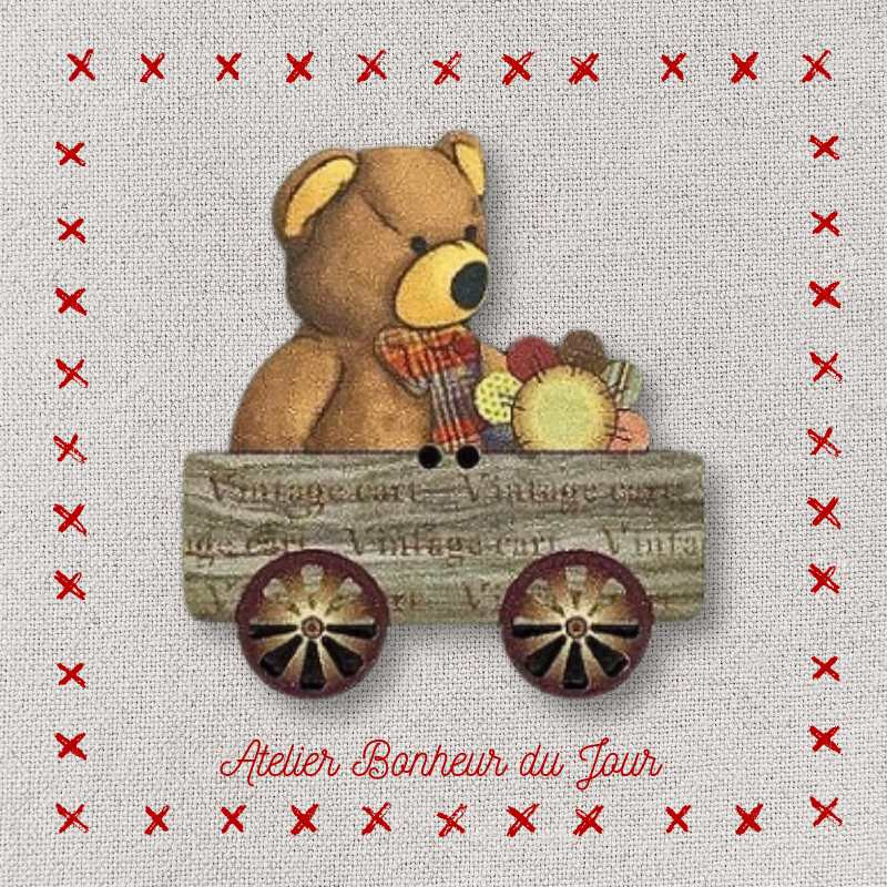 Decorative wooden button "Teddy in a little cart" Atelier bonheur du jour