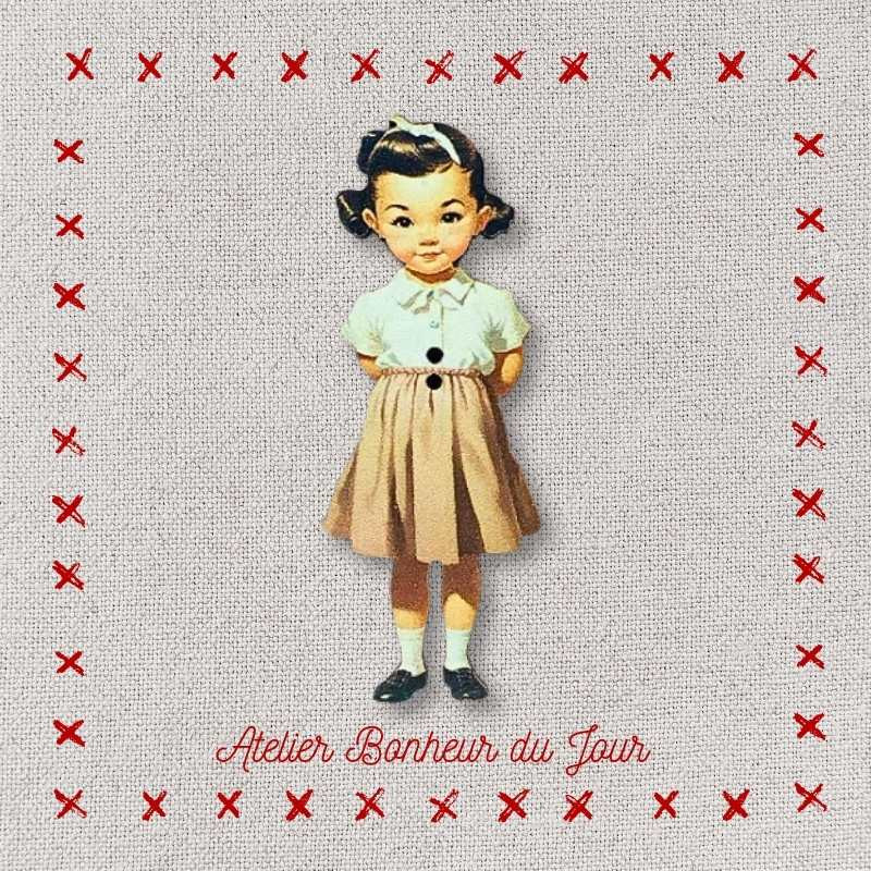 Decorative wooden button "little girl - Saki" Atelier bonheur du jour