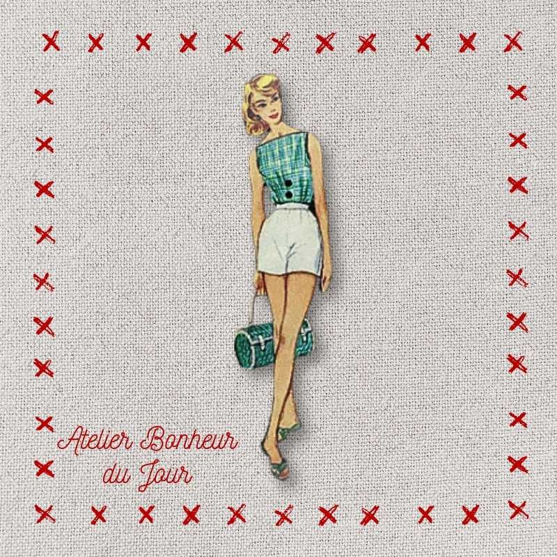 Decorative wooden button "Lady green bag" Atelier bonheur du jour