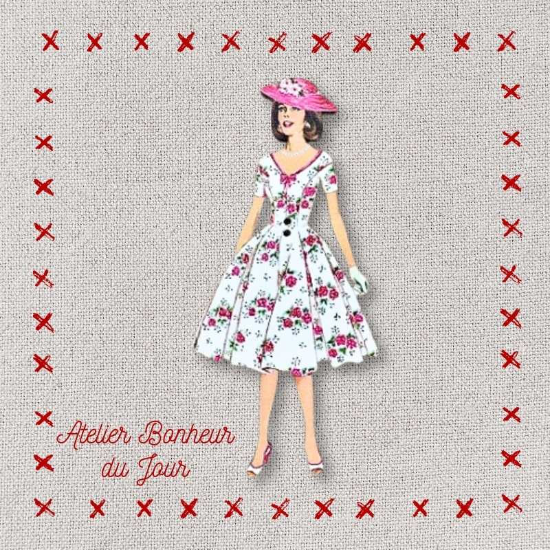 Decorative wooden button "Lady in the pink hat" Atelier bonheur du jour