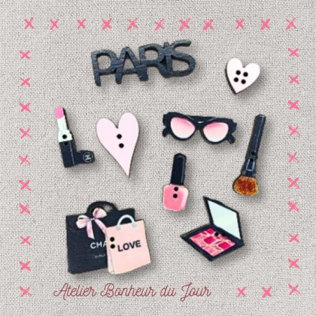 Mini pochette boutons décoratifs en bois "PARIS - LOVE" Atelier Bonheur du jour