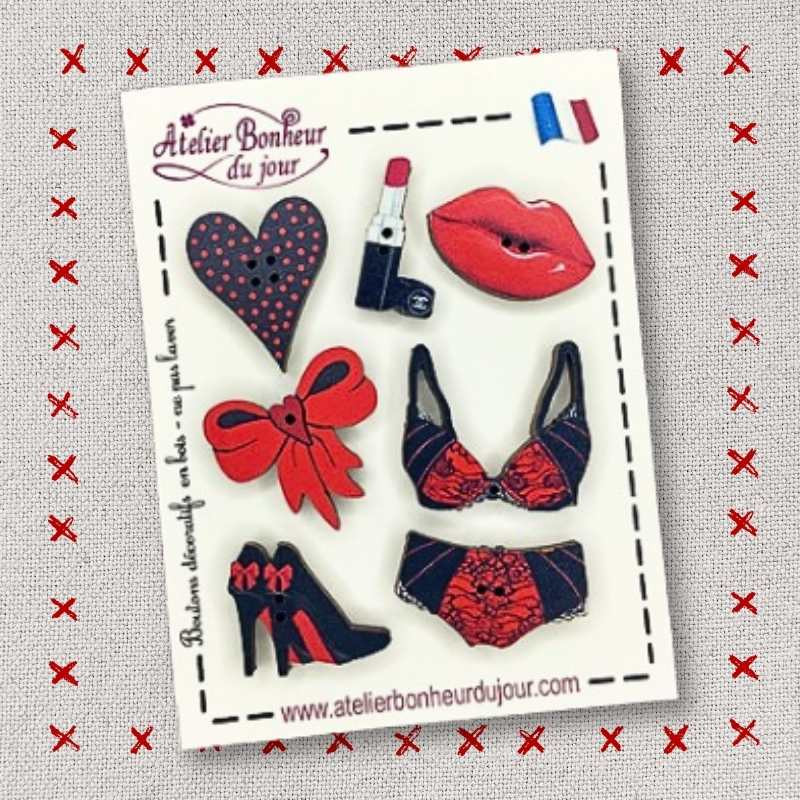 Mini pochette boutons décoratifs en bois "En rouge et noir" Atelier Bonheur du jour